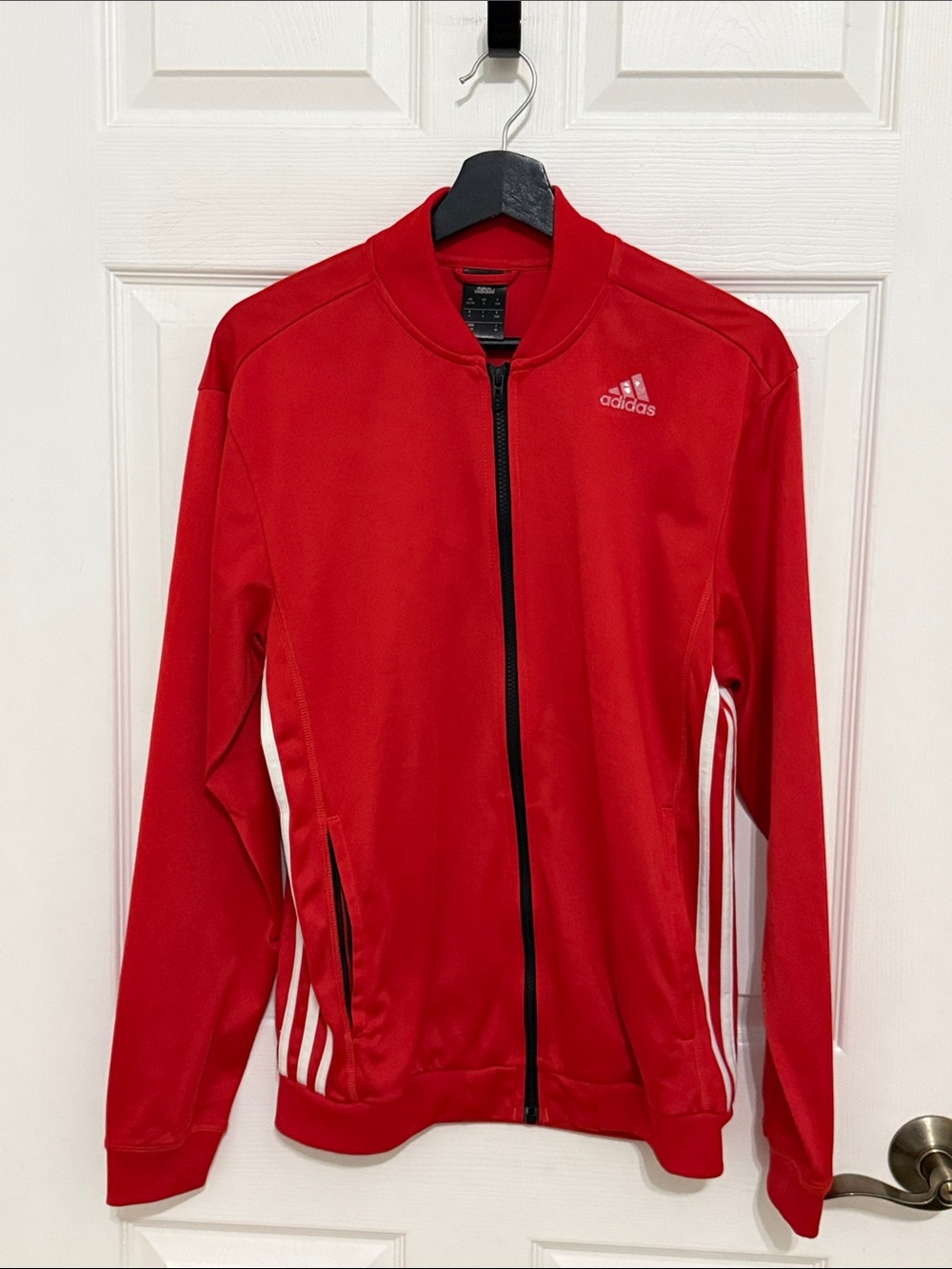 Adidas women’s Red Varsity-Style Track Jacket with White Stripes